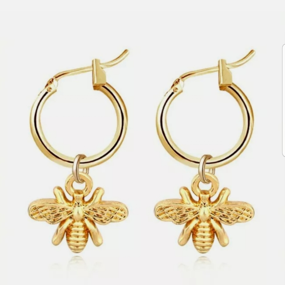 New 18k yellow gold bee stud earrings hoop style - Picture 3 of 4